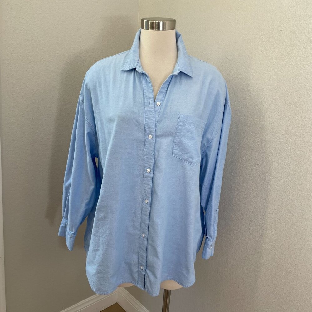 Old Navy Womens Large Blue Boyfriend Shirt Button Up Collared Long Sleeve‎ Top